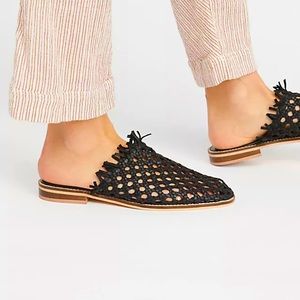 Free People Mirage Woven Black Leather flat heel slip on mule sandal size 39
